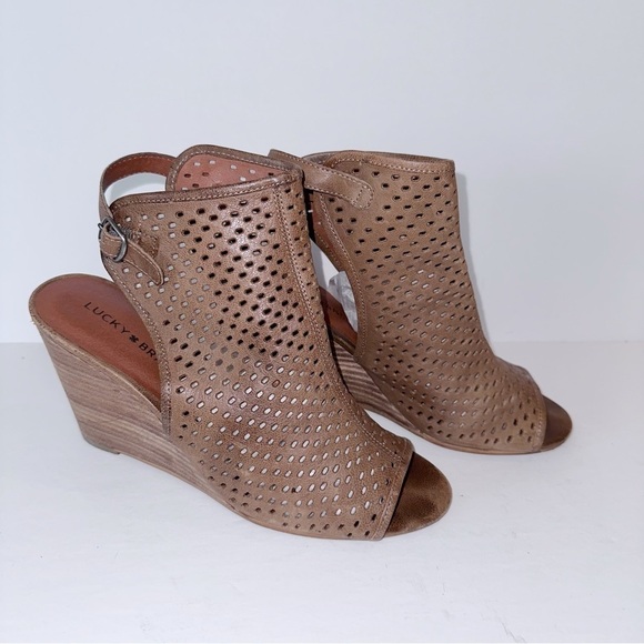 Lucky Brand Rozina Wedge Heel Open Toe Booties Brown Leather Sling Back Size 9.5 - Picture 2 of 10